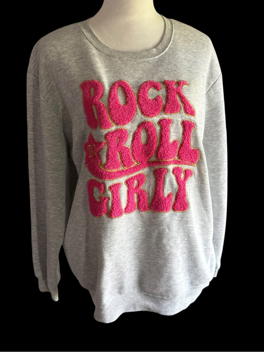 Social Scene Rock Roll Girly Pink Chenille Lettering Outlined in Gold Sweatshirt